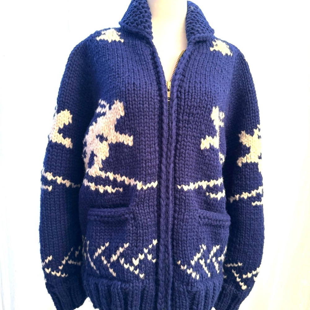 This authentic Cowichan sweater was knit by indigenous makers in Vancouver.